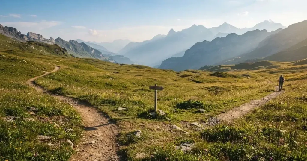 Zwei Wanderwege gabeln sich auf einer Wiese, dahinter steht eine Bergkette im Dunst
