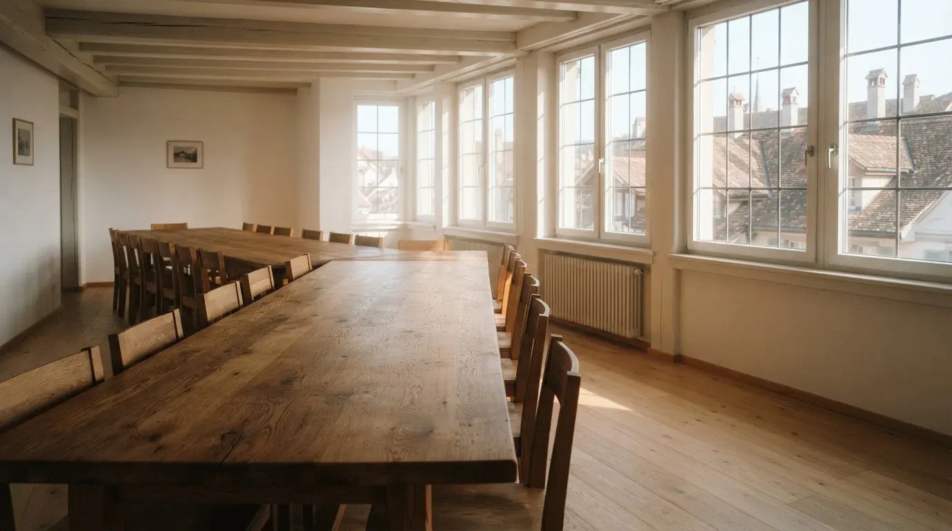 Ein langer Holztisch mit leeren Stühlen in einem hellen Raum, die Fenster geben den Blick auf Dächer frei