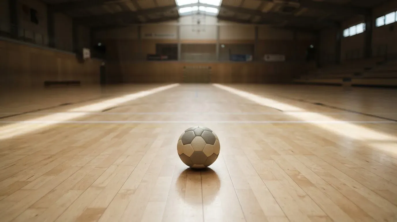 Ein Handball liegt auf dem Hallenboden einer leeren Sporthalle, Streifen von Licht aus den Oberlichtern