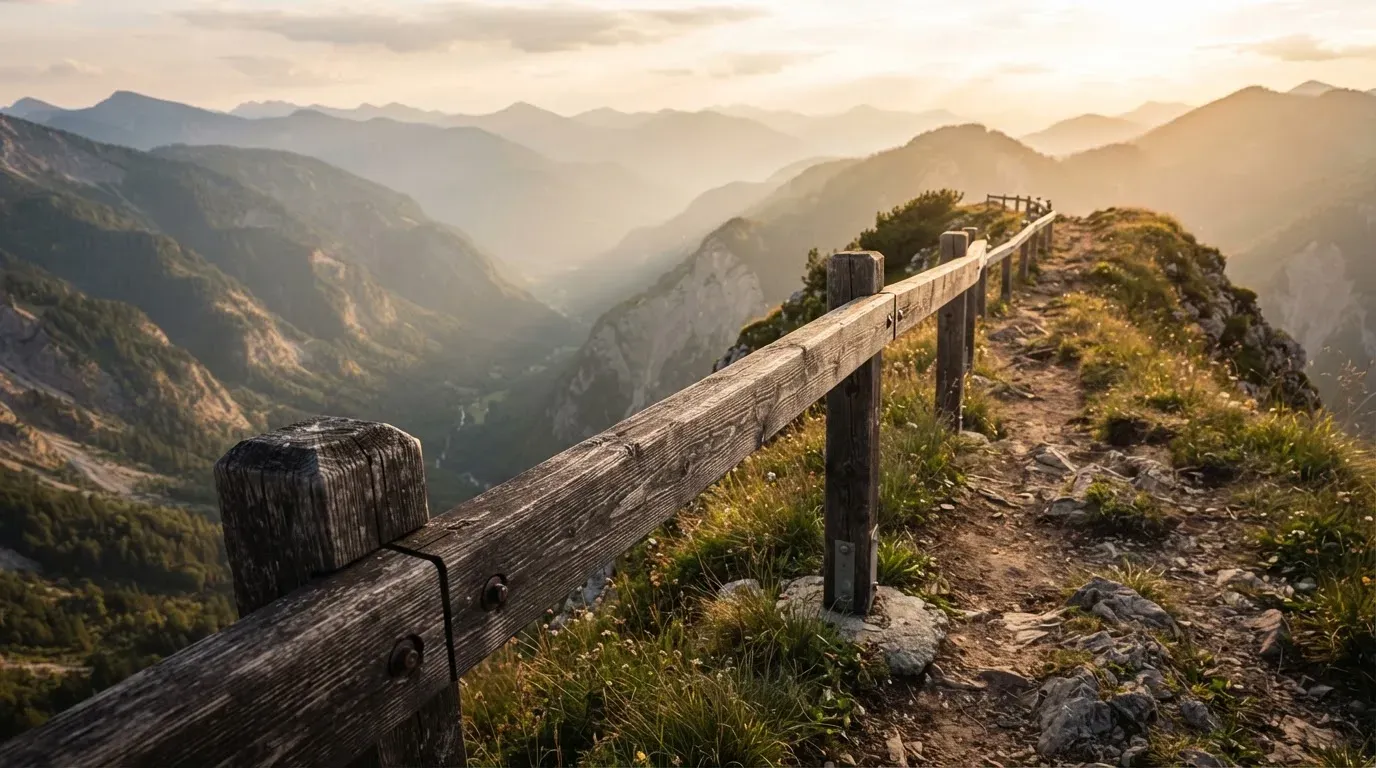 Ein stabiles Holzgeländer am Rand eines Wanderwegs über einer Schlucht, Gegenlicht über den Hängen