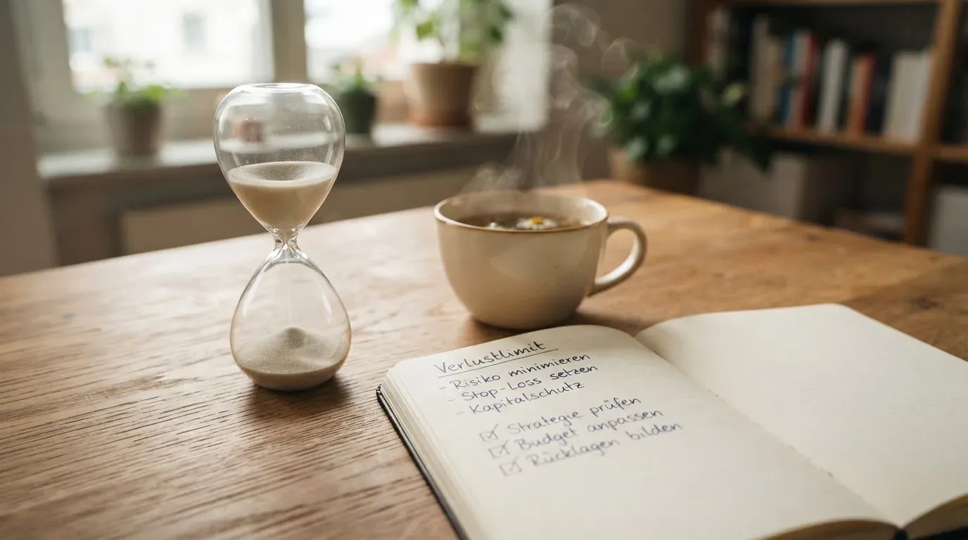 Eine Sanduhr steht neben einem Notizbuch mit handschriftlichen Notizen auf einem Holztisch, daneben dampft eine Tasse Tee.