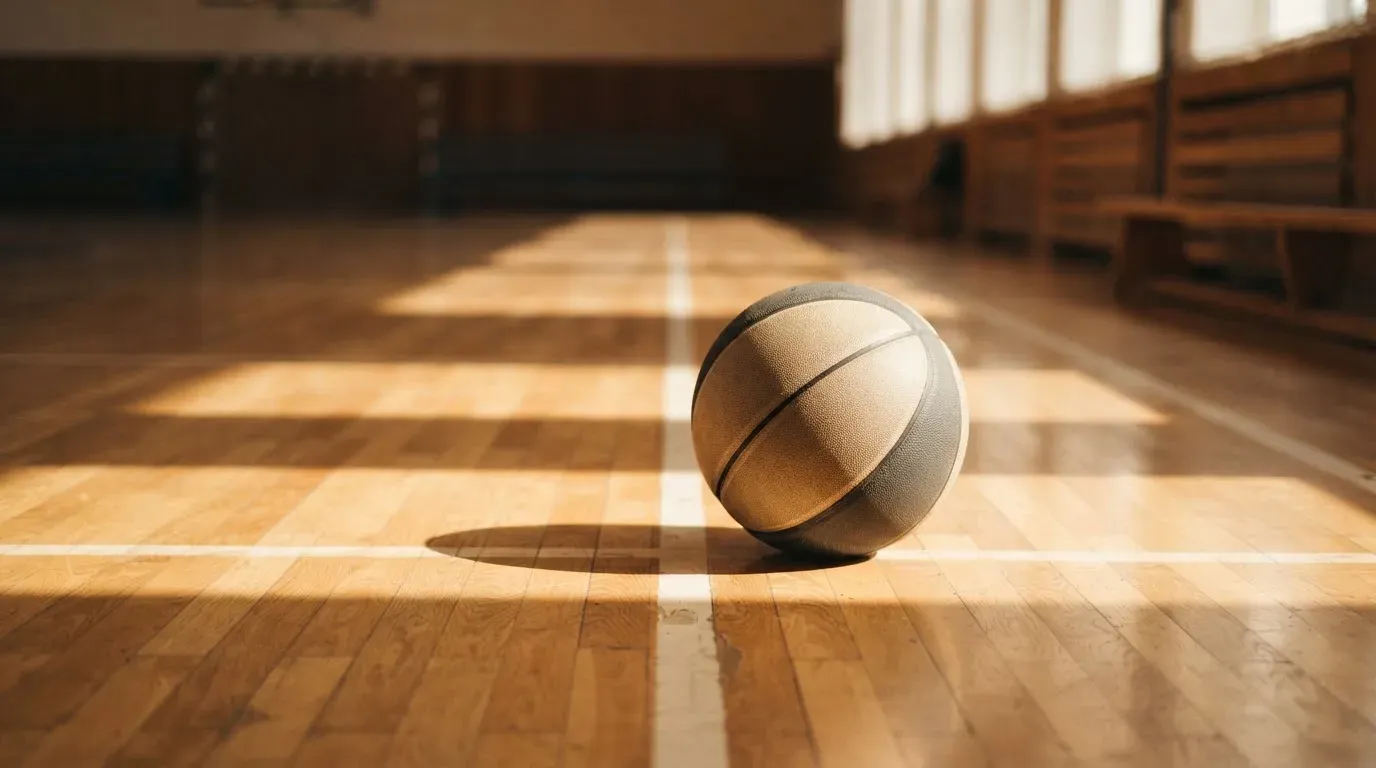Ein Basketball ruht auf dem polierten Parkett einer leeren Halle, Nachmittagslicht fällt durch hohe Fenster.