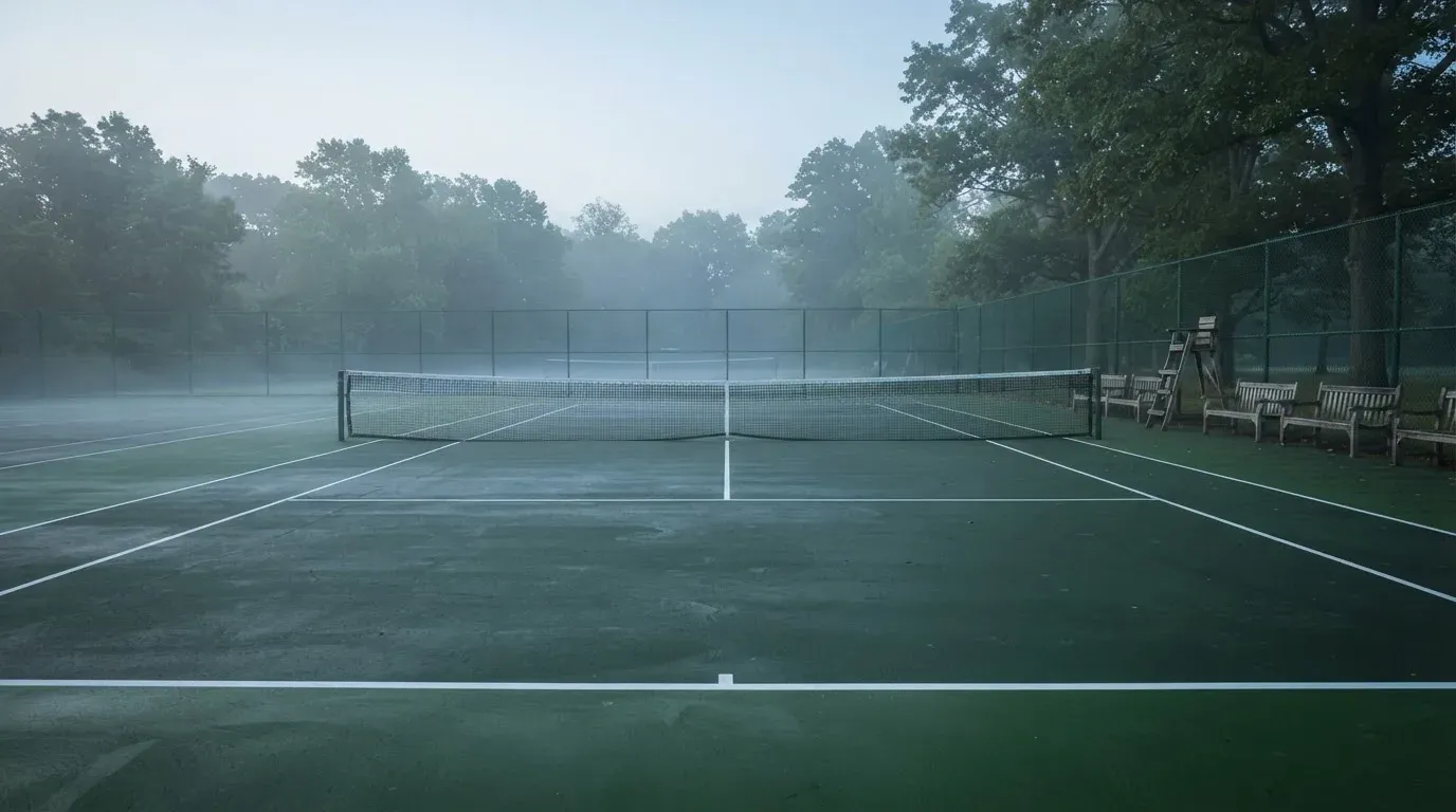 Ein gepflegter Tennisplatz im Morgengrauen, über der Grundlinie hängt leichter Nebel und die Bänke am Rand sind leer.