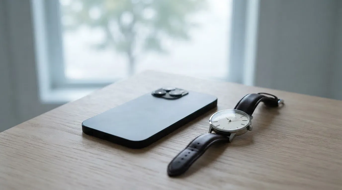 Ein Smartphone liegt mit dem Display nach unten auf einem Tisch neben einer Armbanduhr, im Hintergrund ein unscharfes Fenster.