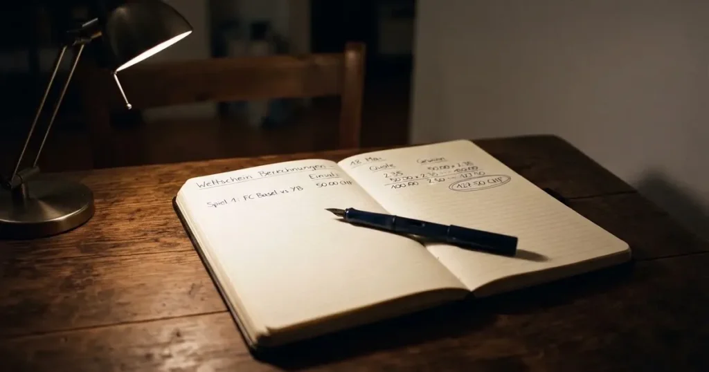 Eine Schreibtischlampe beleuchtet am späten Abend einen Block mit handschriftlichen Notizen und einen Stift.