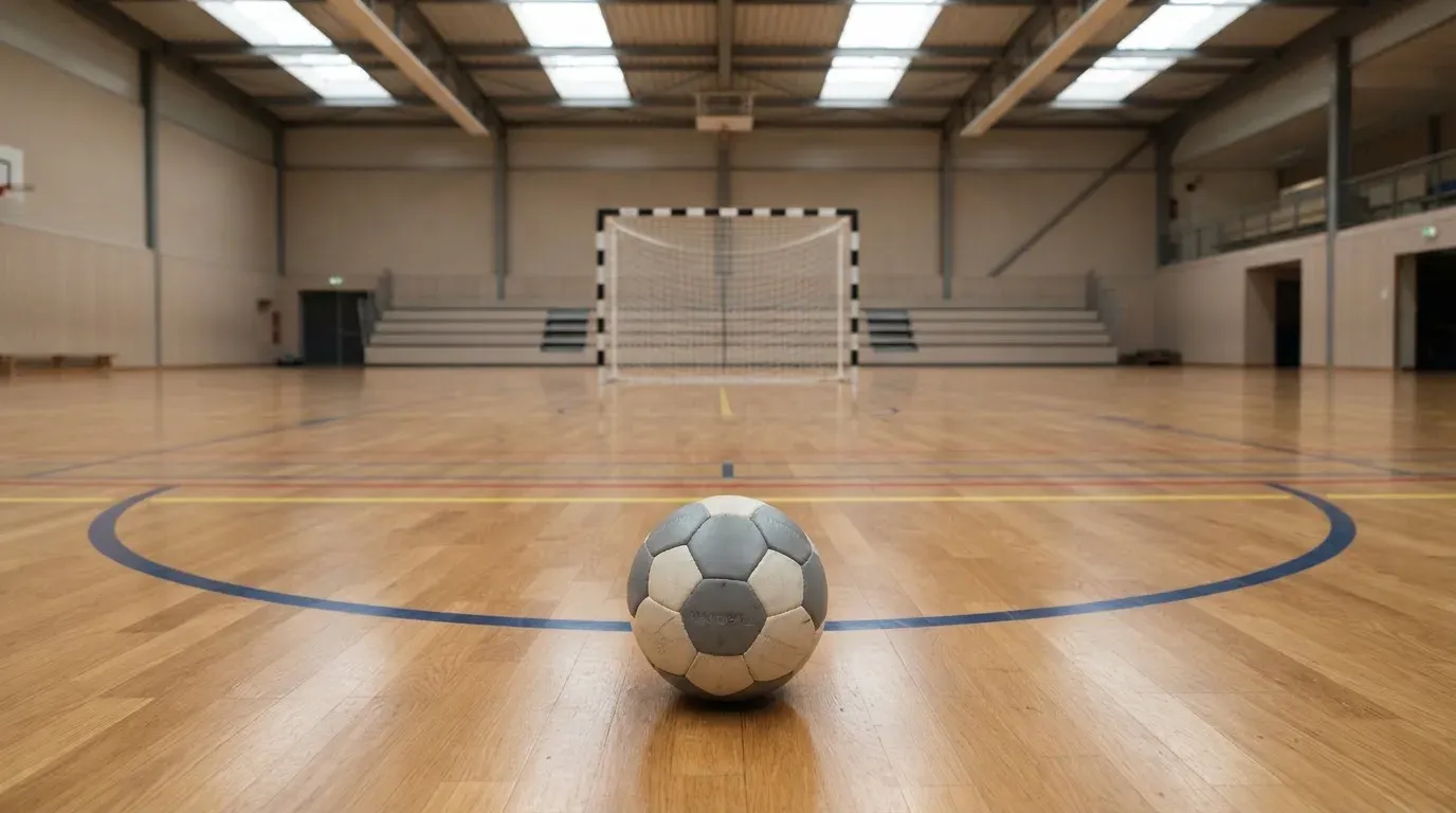 Ein Handball liegt am Rand des Torraums in einer leeren Sporthalle, Licht fällt durch Oberlichter auf den Hallenboden.