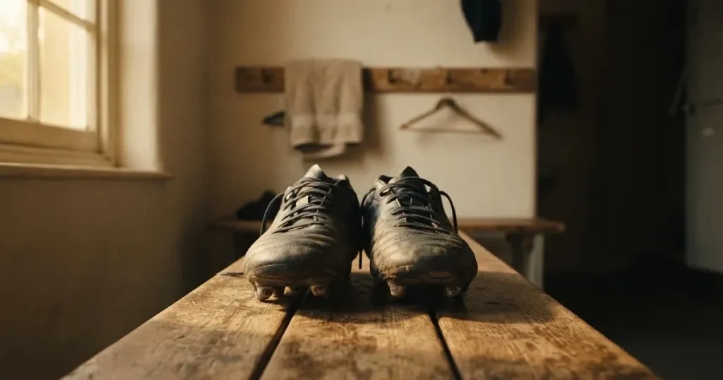 Zwei Fussballschuhe stehen nebeneinander auf einer Holzbank in einer leeren Umkleidekabine.