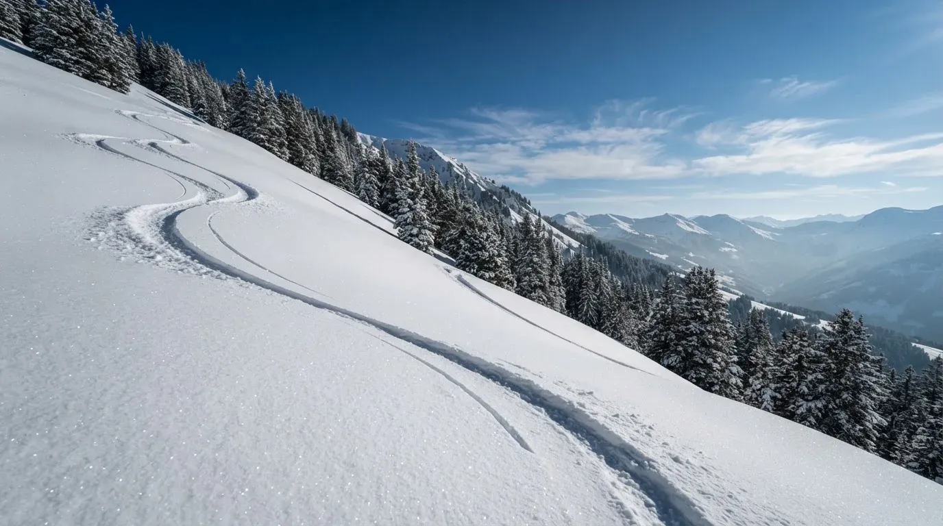 Ein Skihang mit frischen Spuren im Neuschnee unter blauem Himmel, am Rand stehen verschneite Tannen.