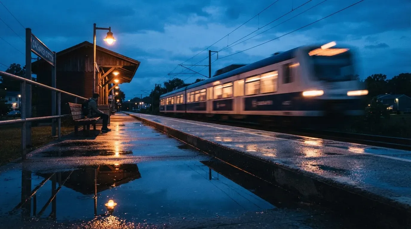 Ein Bahnsteig in der Abenddämmerung, ein Regionalzug fährt unscharf ein und Lichter spiegeln sich auf dem nassen Beton.