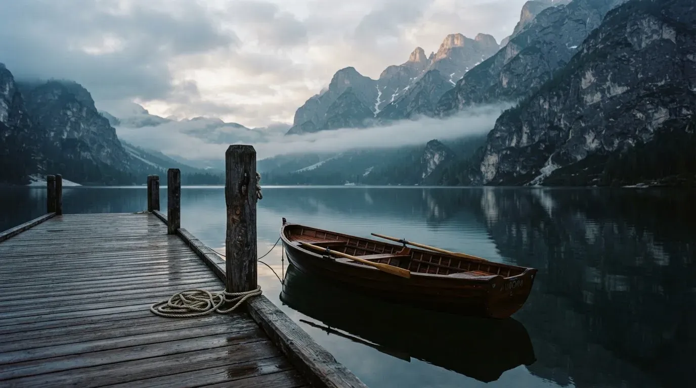Ein schmales Ruderboot liegt an einem hölzernen Steg an einem Bergsee, dahinter steigen steile Felswände auf.