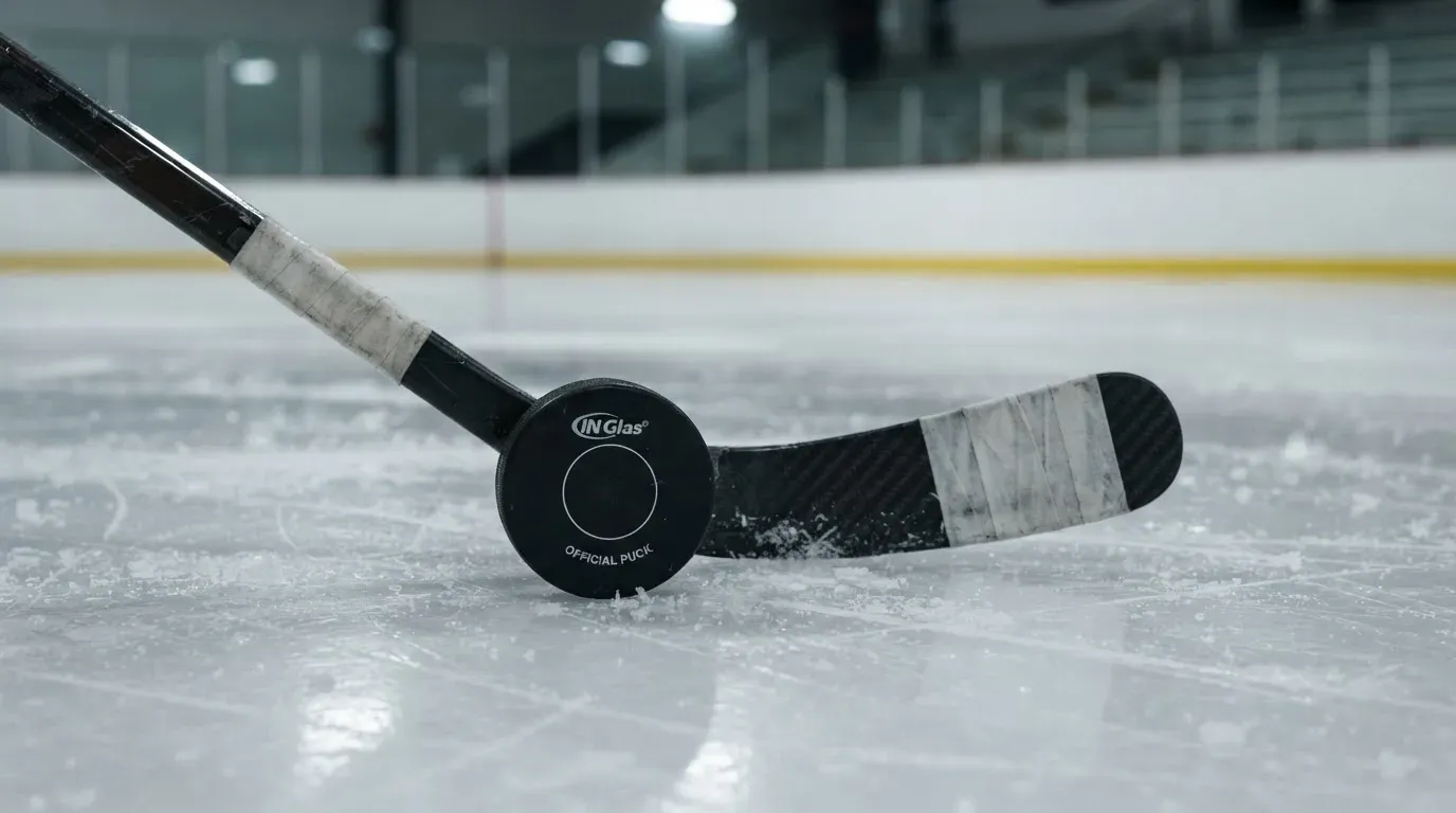 Ein Eishockeypuck und ein Schläger liegen auf einer glänzenden Eisfläche, im Hintergrund verschwimmen leere Banden.