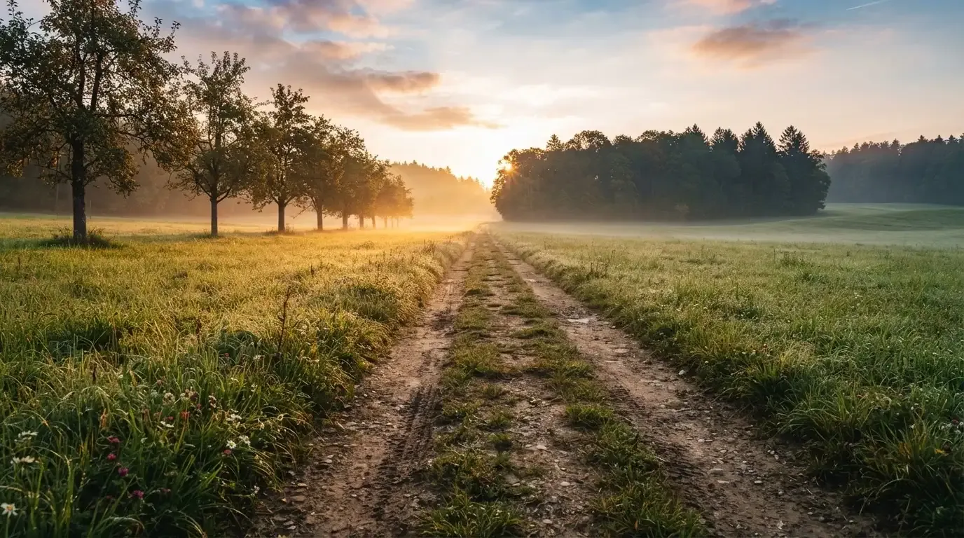 Ein Feldweg führt bei Sonnenaufgang zwischen Wiesen auf ein Waldstück zu.