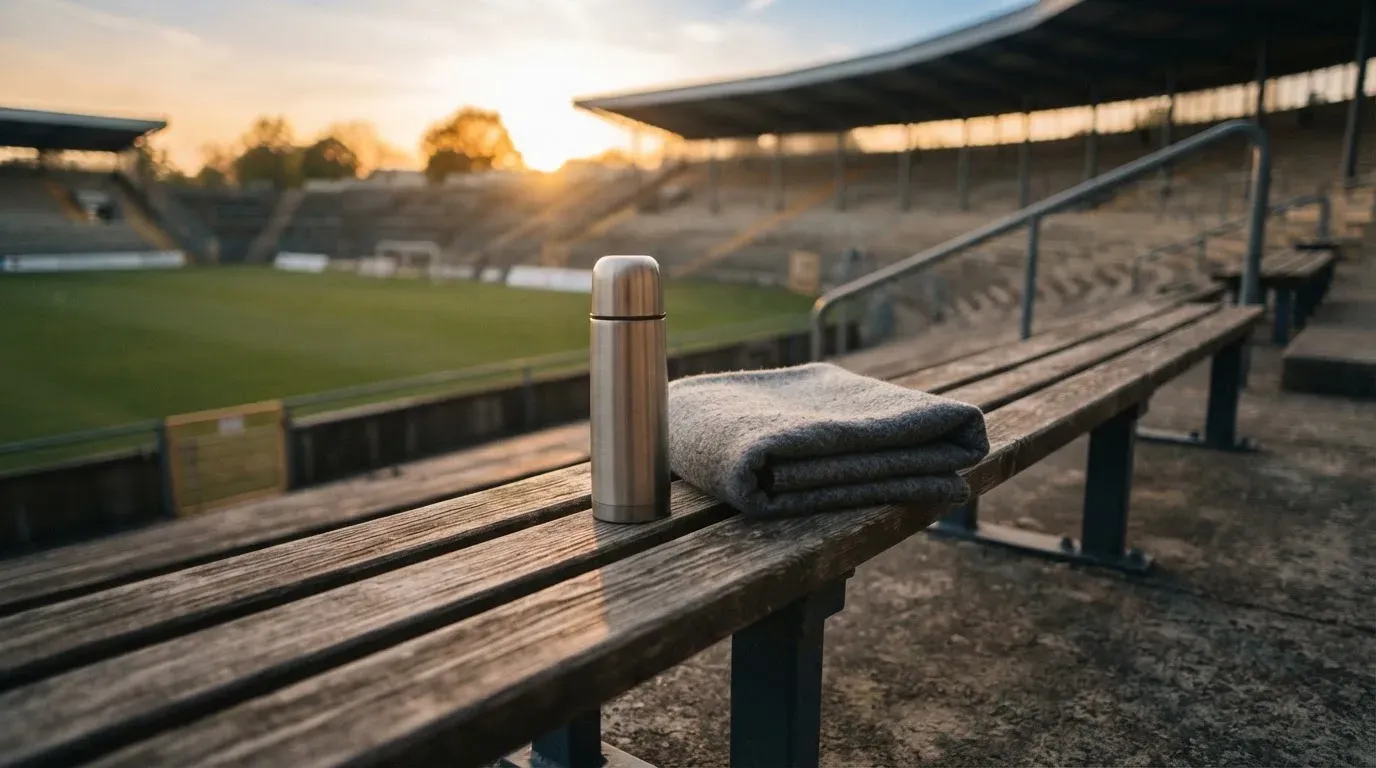 Eine Thermoskanne und eine zusammengelegte Wolldecke stehen auf einer leeren Stadionbank, die Sonne geht hinter den Rängen unter.