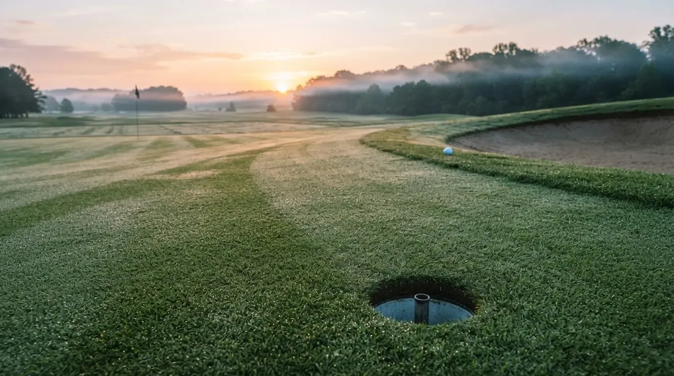 Ein Golfgrün bei Sonnenaufgang mit Tau auf dem Rasen, die Fahnenstange fehlt und im Hintergrund ziehen Nebelschwaden.