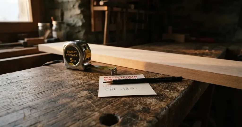 Ein Massband liegt aufgerollt auf einer Werkbank neben einem Bleistift und einem Holzbrett.