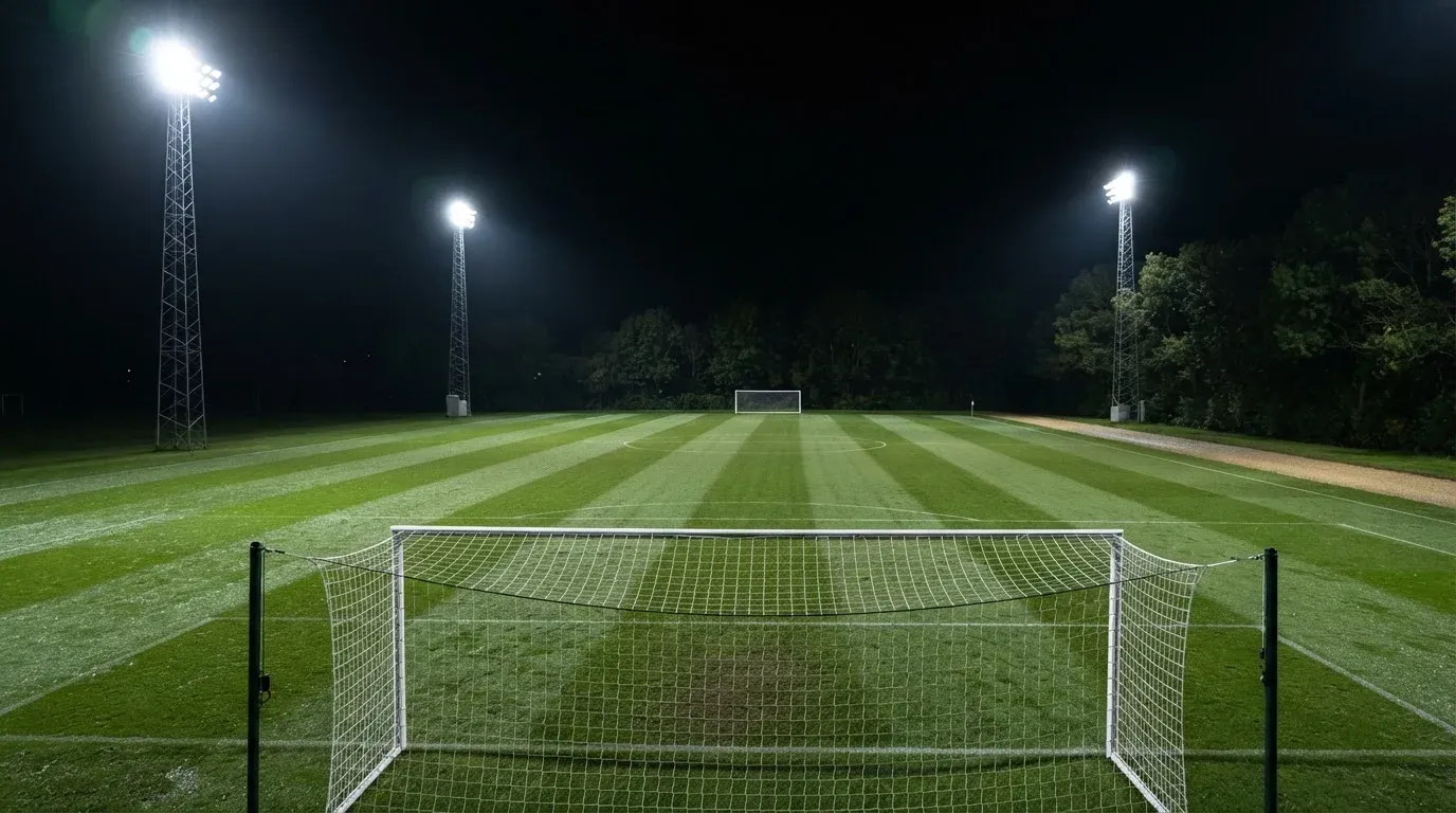 Hohe Flutlichtmasten ragen nachts über einen leeren Trainingsplatz, der Rasen glänzt im weissen Licht.