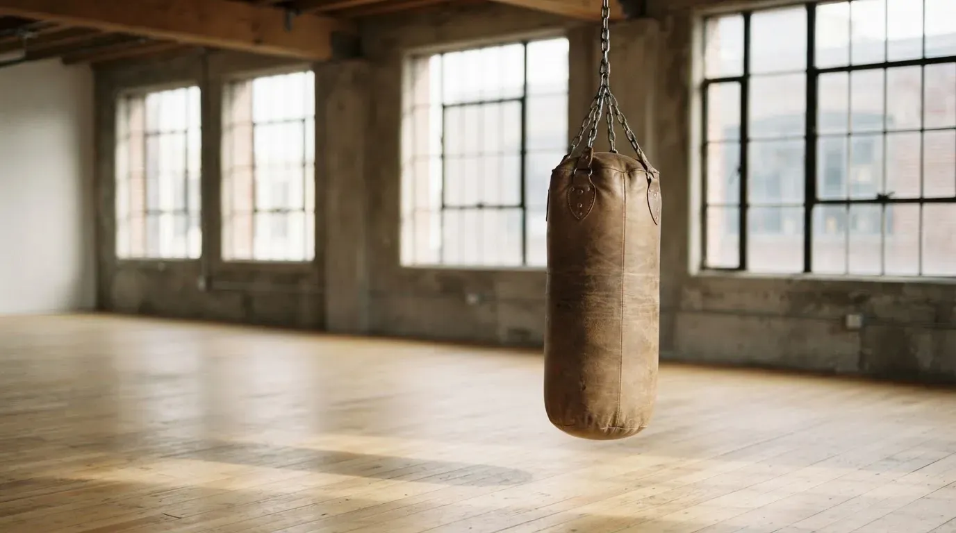Ein Boxsack hängt an einer Kette in einem leeren Trainingsraum mit hellem Holzboden und grossen Fenstern.