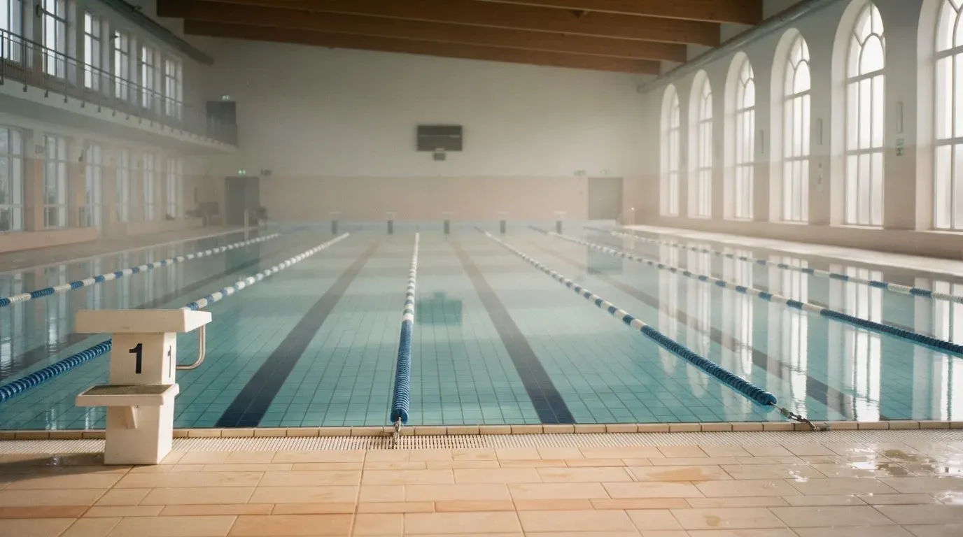 Eine ruhige Schwimmhalle mit glattem Wasser im Becken und gespannten Bahnleinen, Licht fällt durch hohe Fenster.
