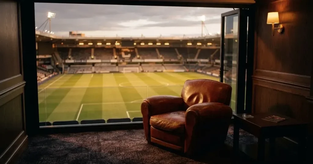 Ein leerer Ledersessel steht in einer Stadionloge mit Blick auf das Spielfeld im Abendlicht.