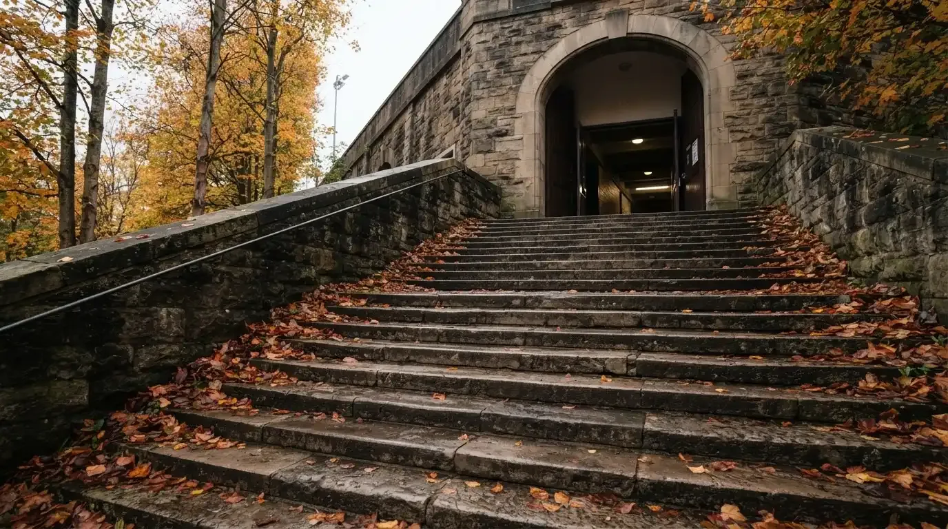 Eine breite Steintreppe führt zum Eingang einer Tribüne, Herbstlaub liegt auf den Stufen.