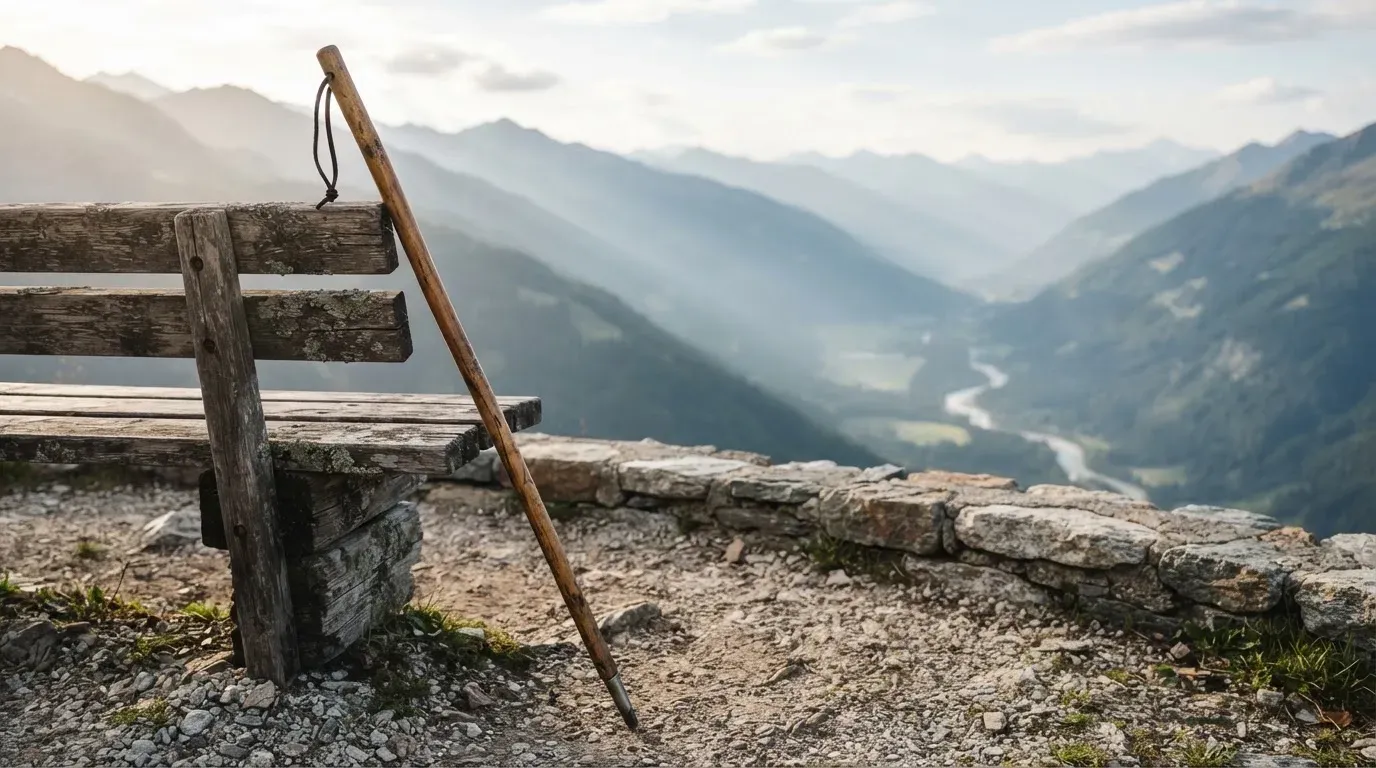 Ein Wanderstock lehnt an einer Holzbank auf einem Aussichtspunkt, dahinter breitet sich ein Tal im Dunst aus.