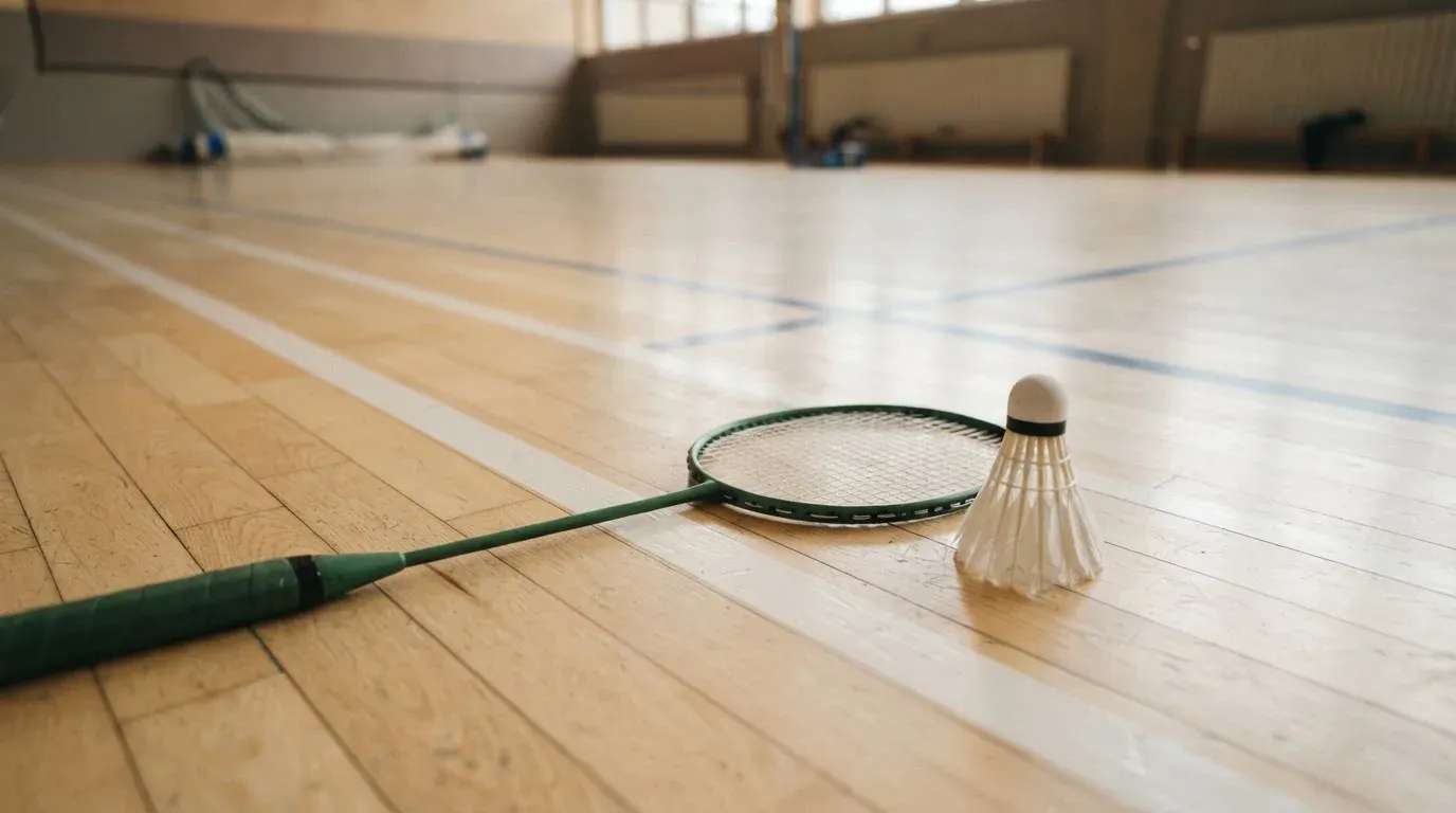 Ein Badmintonschläger liegt neben einem Federball auf dem hellen Hallenboden eines leeren Spielfelds.