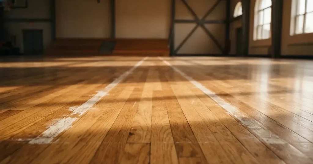 Zwei versetzte Startlinien aus Kreide auf dem Boden einer leeren Sporthalle, das Licht fällt schräg von der Seite.