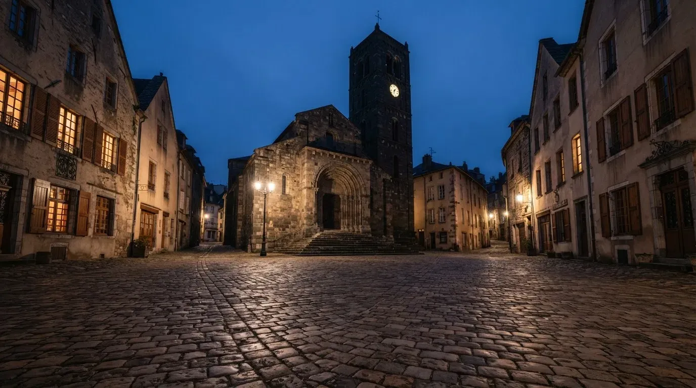 Ein Kopfsteinpflasterplatz vor einer Kirche in einer Altstadt am Abend, warme Fensterlichter und menschenleere Gassen.
