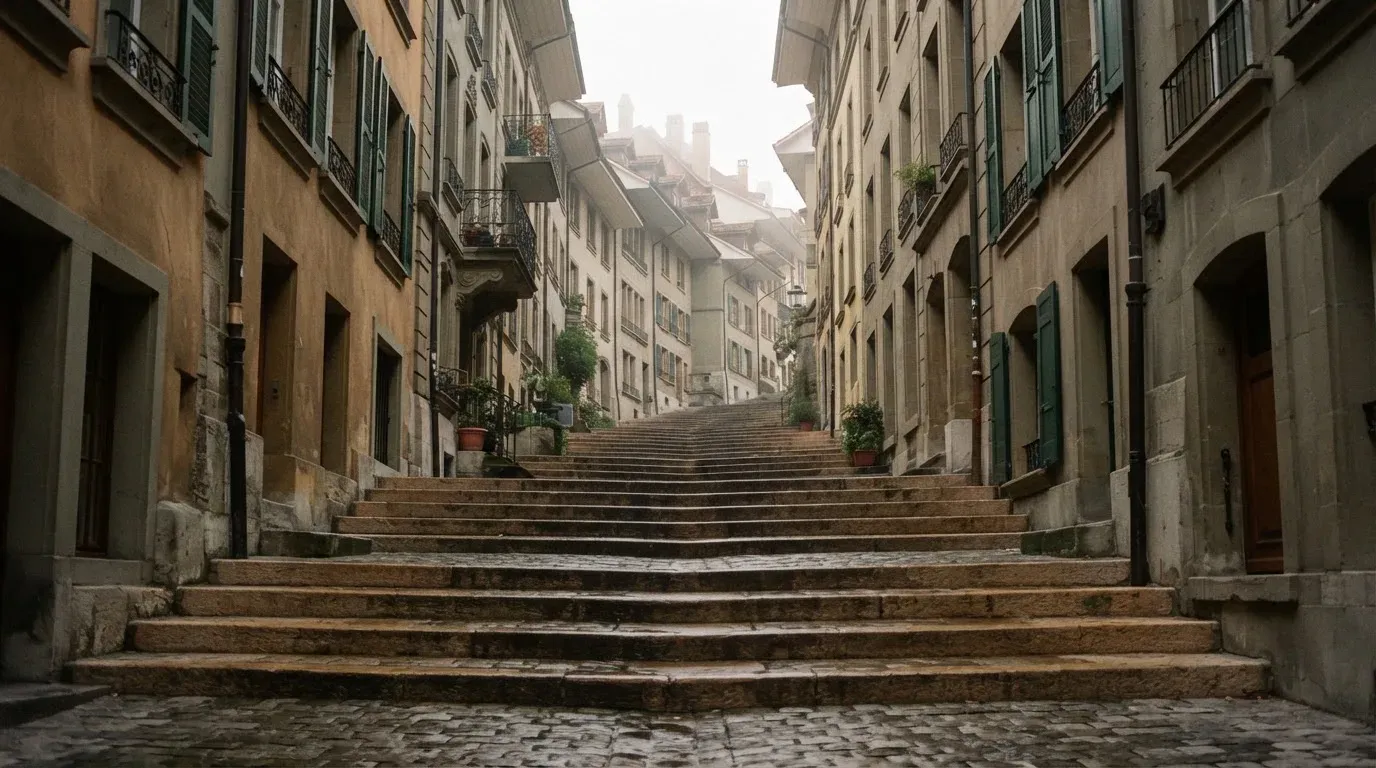 Eine breite Sandsteintreppe in einer Berner Altstadtgasse am frühen Morgen, niemand zu sehen, weiches Licht und leichter Nebel.