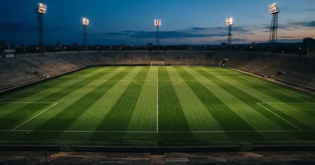 Ein menschenleerer Fussballplatz mit frisch gemähtem Rasen unter Flutlichtmasten in der Abenddämmerung, aus erhöhter Perspektive fotografiert.