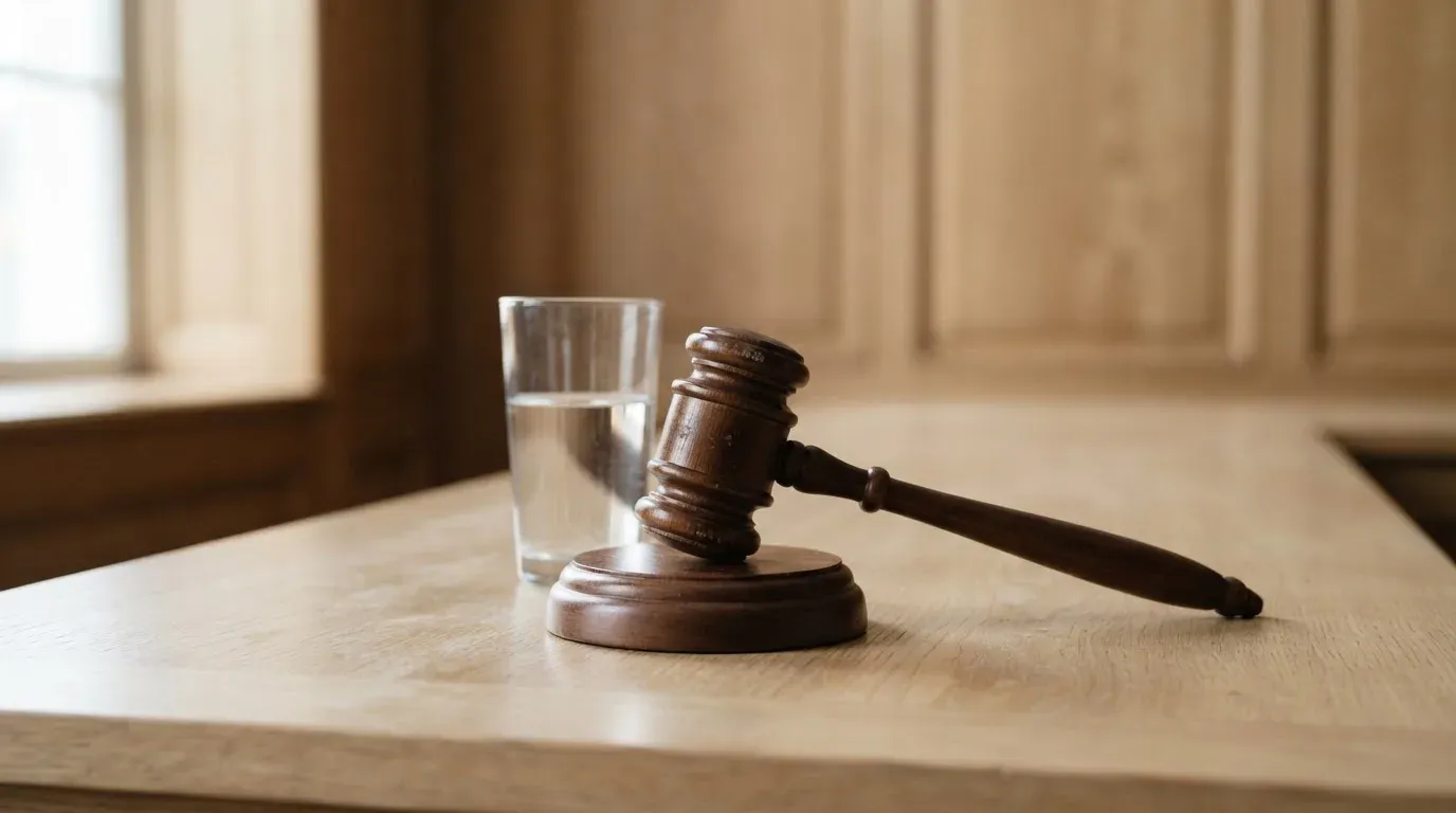Ein hölzerner Richterhammer liegt auf einem hellen Pult, daneben steht ein Glas Wasser.