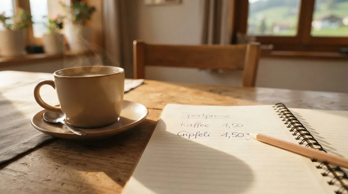 Eine Tasse Kaffee und ein Bleistift liegen auf einem sonnenbeschienenen Küchentisch neben einem leeren Notizblock.