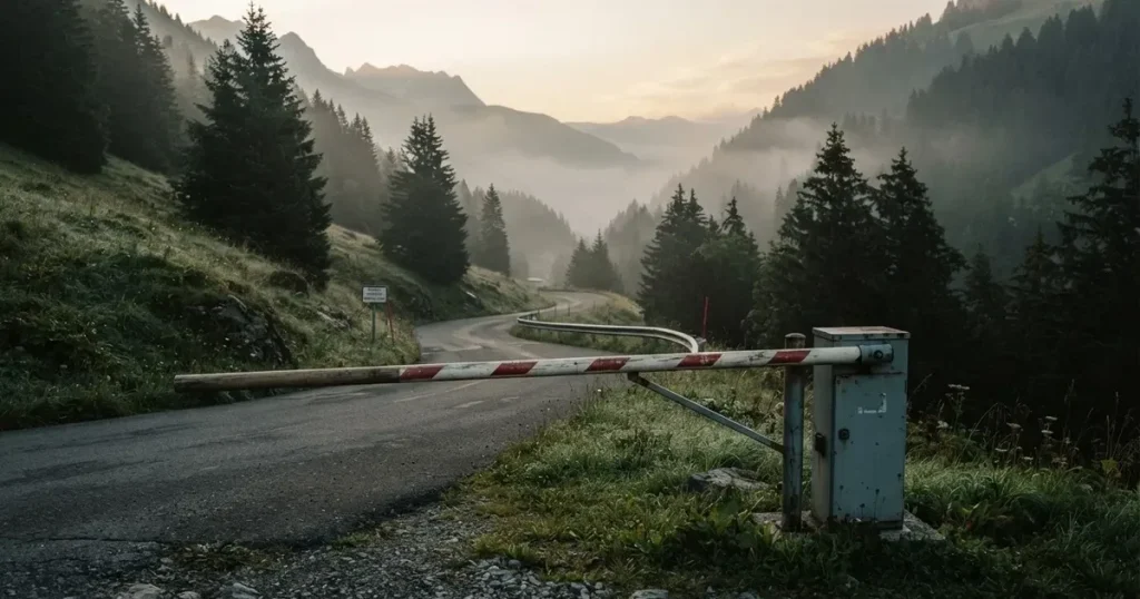 Ein geschlossener Schlagbaum an einer Landstrasse im Gebirge, Morgennebel steht zwischen den Tannen.