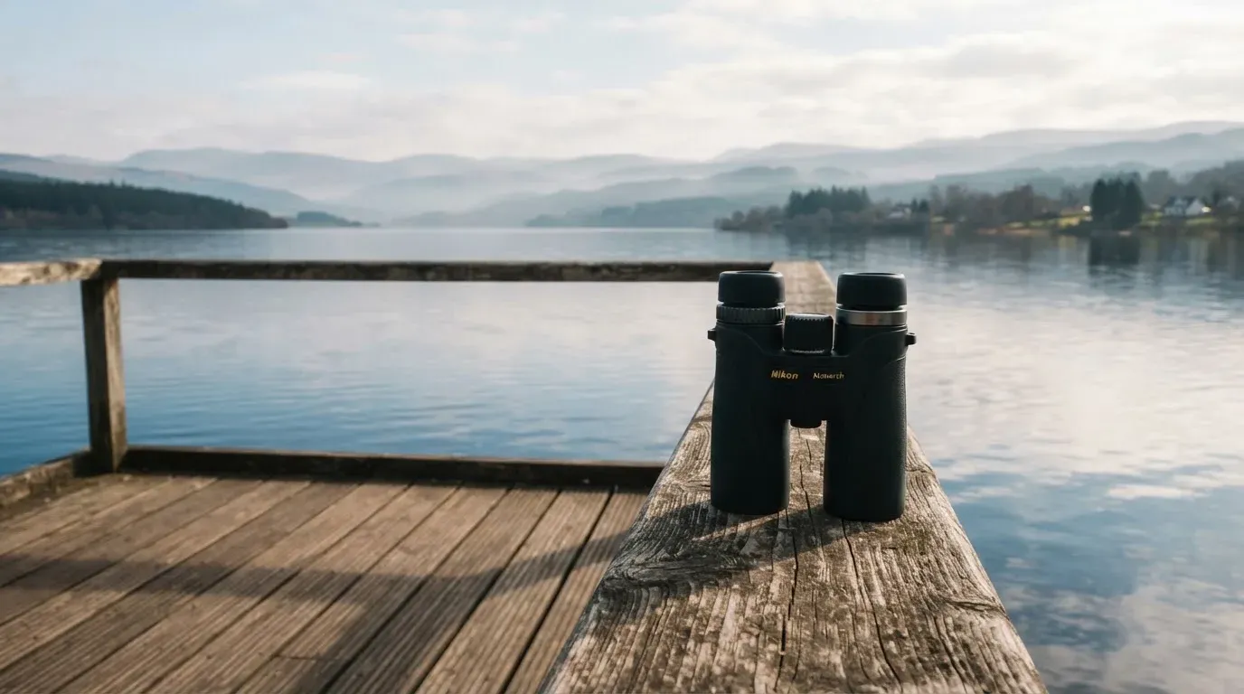 Ein Fernglas liegt auf dem Geländer einer Aussichtsplattform über einem See, dahinter flache Hügel im Dunst.