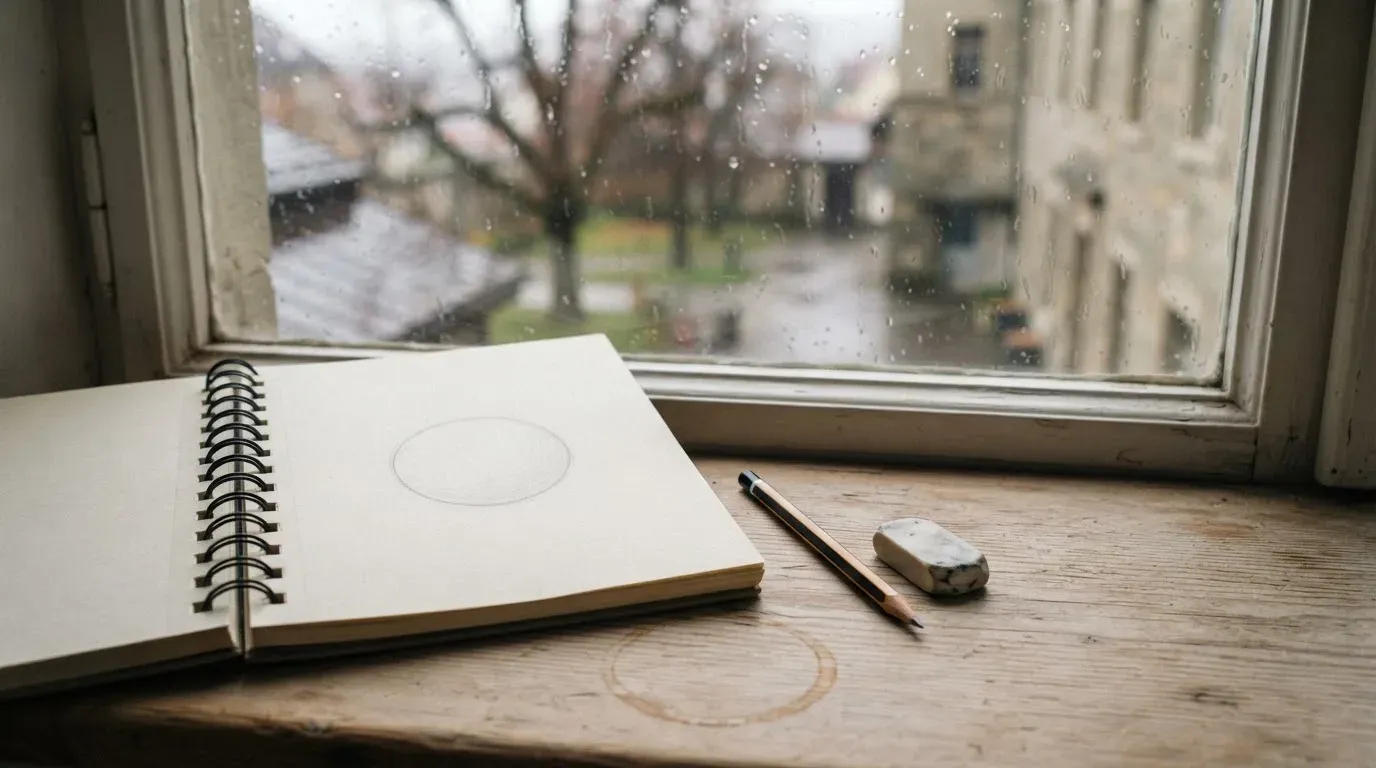 Ein Zeichenblock mit einem Bleistift und einem Radiergummi liegt auf einem Fensterbrett, draussen fällt Regen.