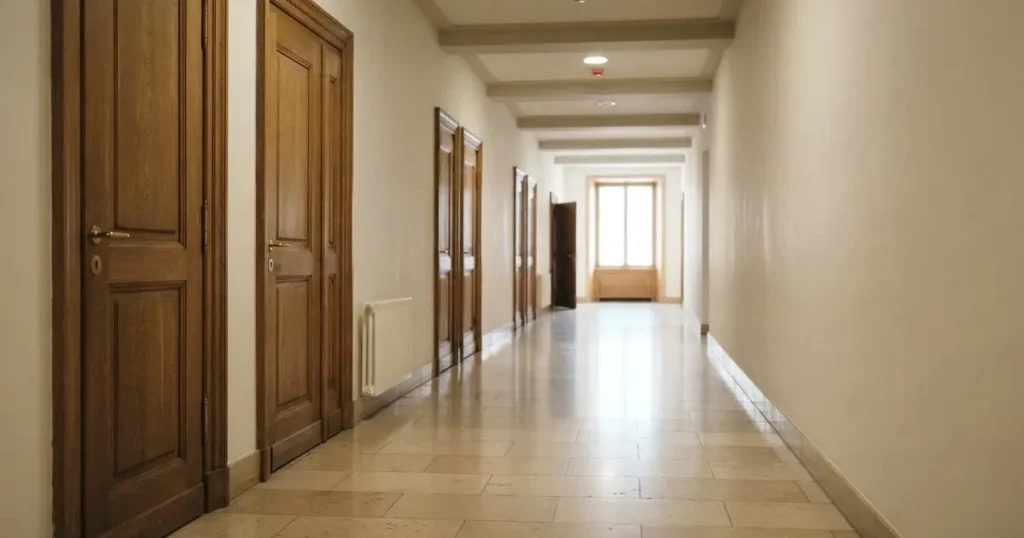 Ein langer Flur mit Holztüren und hellem Boden in einem ruhigen Verwaltungsgebäude, am Ende fällt Tageslicht durch ein Fenster.