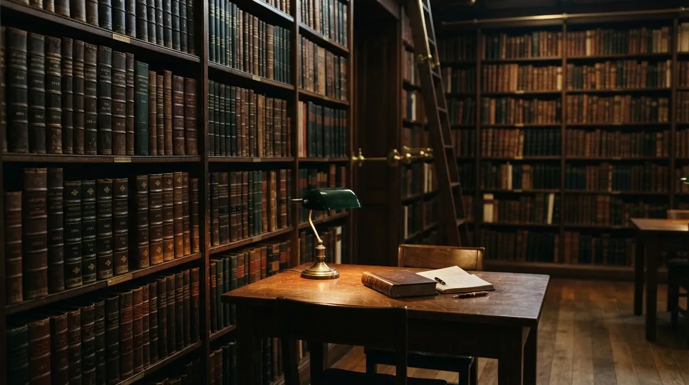Ein Bücherregal mit ledergebundenen Bänden in dunklen Farben in einer stillen Bibliothek, davor ein Lesetisch.