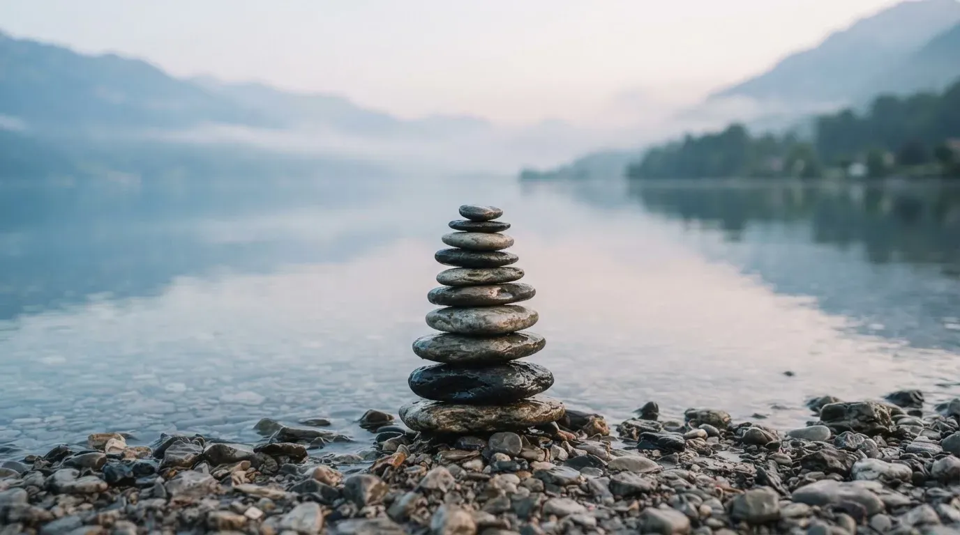 Ein Stapel flacher Kieselsteine liegt am Seeufer in der Morgendämmerung, das Wasser ist spiegelglatt.
