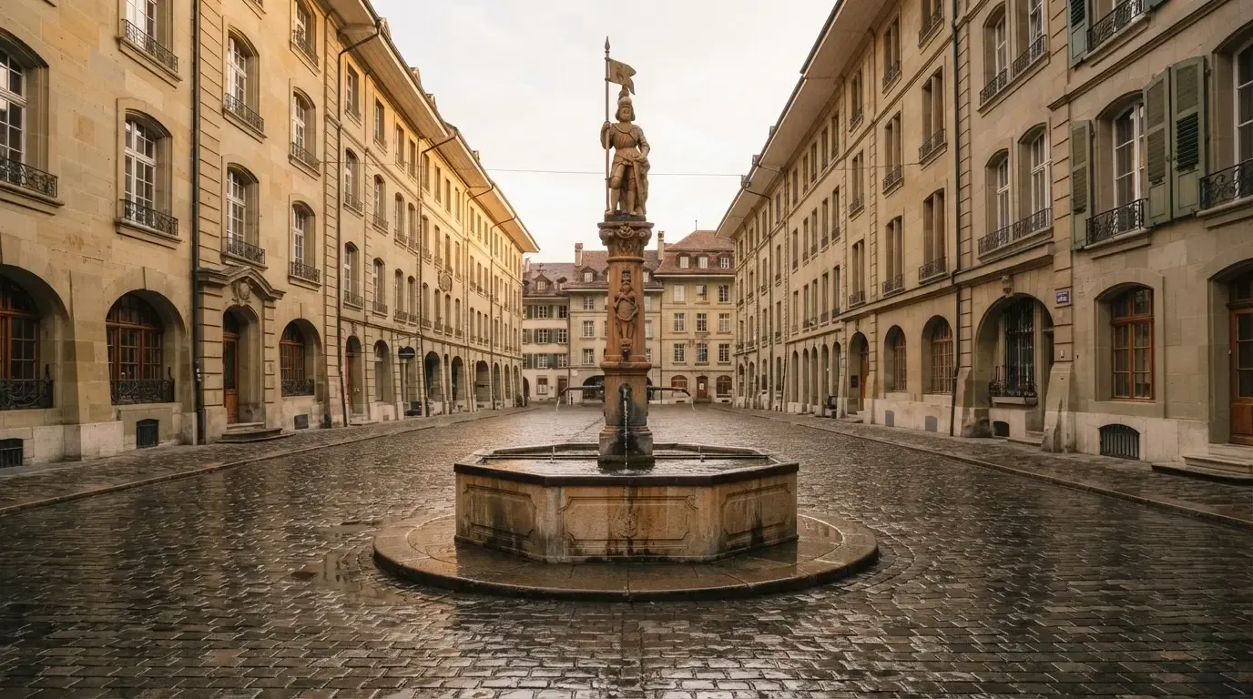 Ein Brunnen auf einem Altstadtplatz zwischen Sandsteinfassaden, nasses Kopfsteinpflaster nach einem Regenschauer.