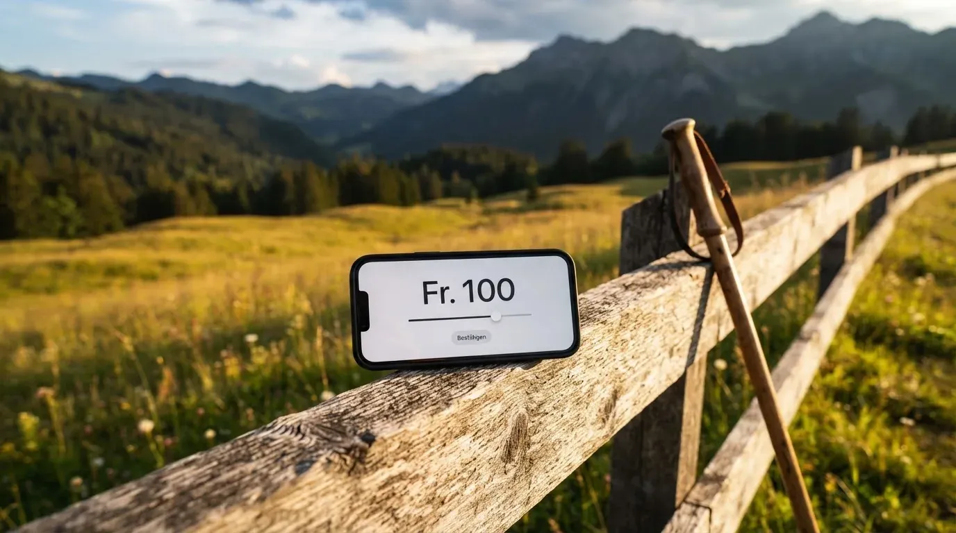 Ein Wanderstock lehnt an einem Gartenzaun, dahinter erstreckt sich eine ruhige Alpwiese im Abendlicht.