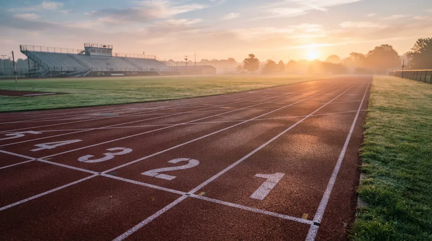 Eine leere Tartanbahn einer Leichtathletikanlage am frühen Morgen, Tau auf den Rasenflächen daneben und tiefstehende Sonne.