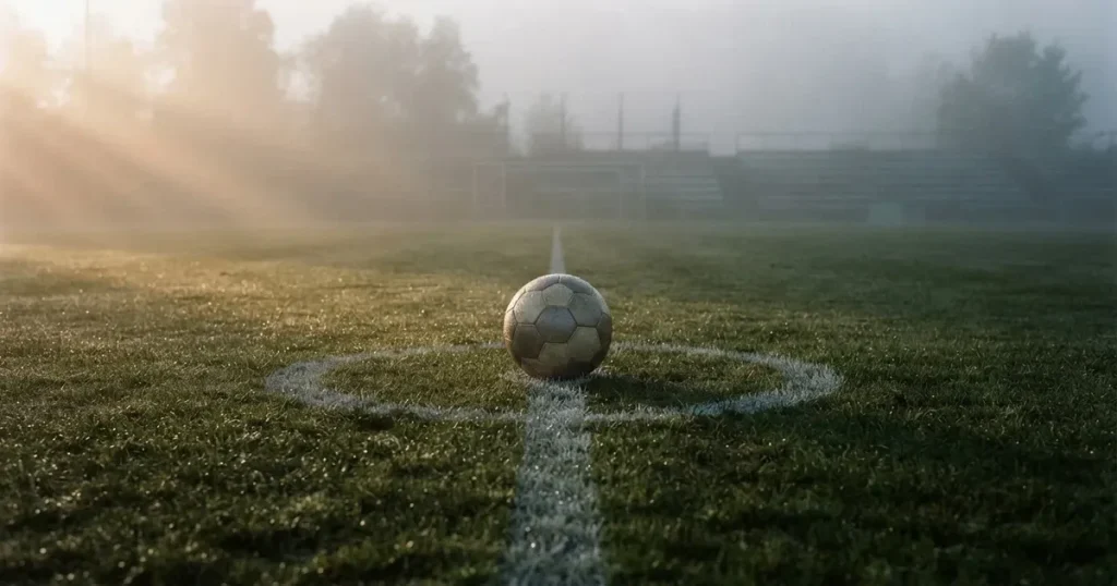 Ein Fussball liegt auf dem Anstosspunkt eines leeren Rasenplatzes im dichten Morgennebel.