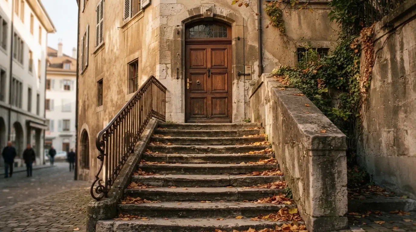 Eine Steintreppe mit Geländer führt zu einer hohen Holztür eines alten Gebäudes, Herbstlaub liegt auf den Stufen.
