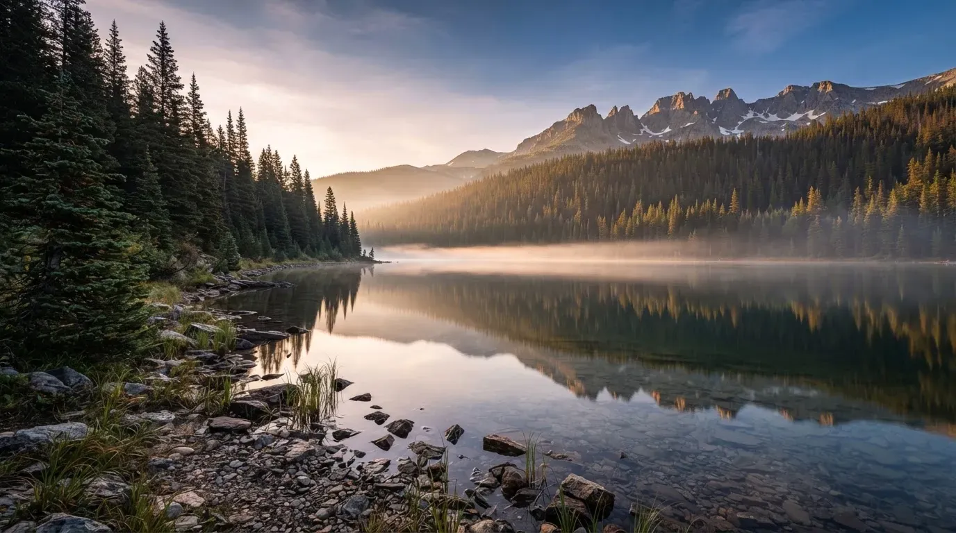 Ein ruhiger Bergsee mit Nebel am Ufer bei Sonnenaufgang, am Hang dahinter dunkle Tannen.