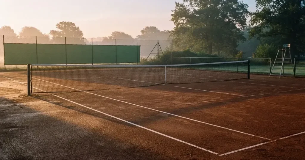 Ein Tennisplatz bei Sonnenaufgang mit gespanntem Netz und feuchtem Sandbelag, niemand steht auf dem Platz.