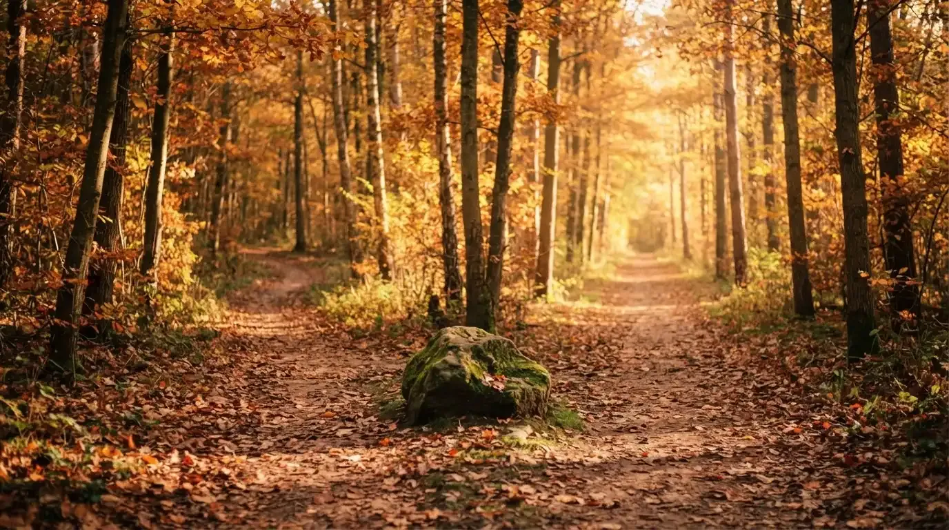 Eine Wegkreuzung im Wald, an der sich zwei Pfade im Herbstlicht gabeln, Laub bedeckt den Boden.