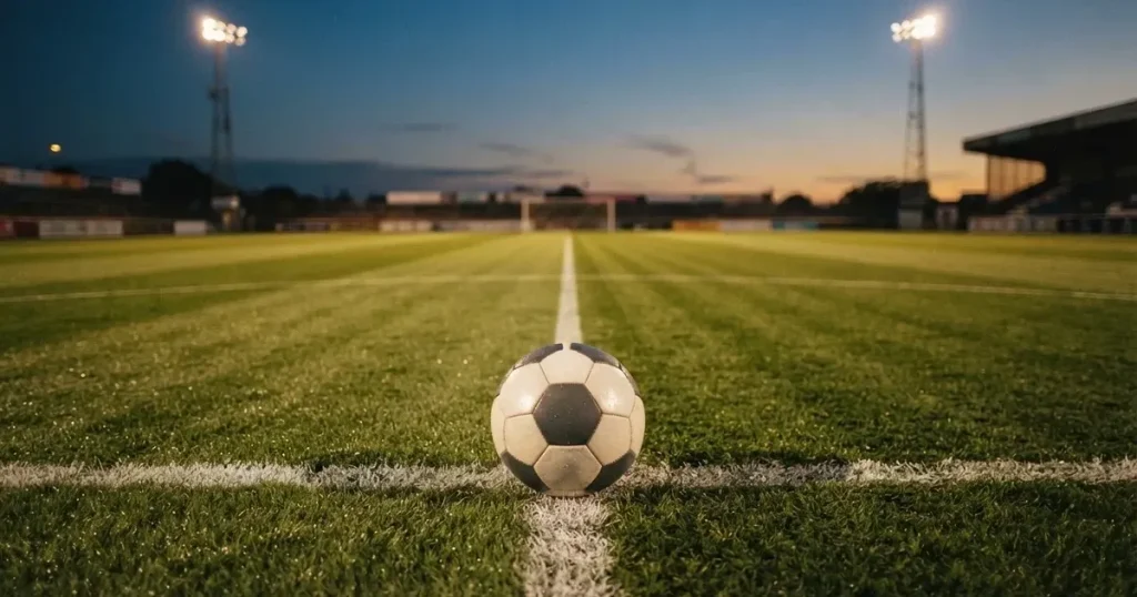 Ein Fussball liegt auf dem Anstosspunkt eines leeren Rasenplatzes, im Hintergrund glimmen Flutlichtmasten im Abendlicht.