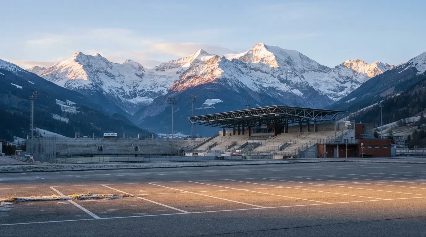 Hinter einem leeren Stadion ragen verschneite Berggipfel in den klaren Morgenhimmel, davor ein Parkplatz im ersten Sonnenlicht.