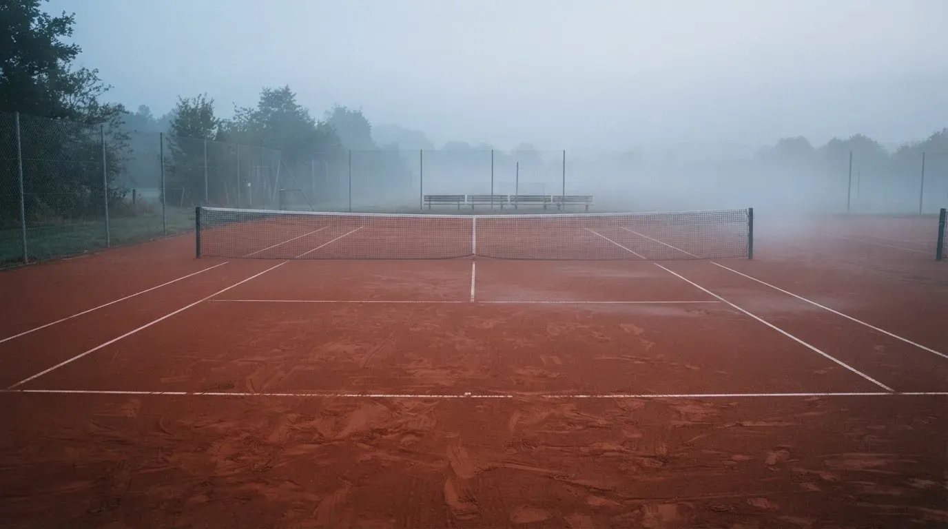 Ein Tennisplatz aus Sand liegt im Morgengrauen still da, Nebel hängt über der Grundlinie und dem aufgespannten Netz.