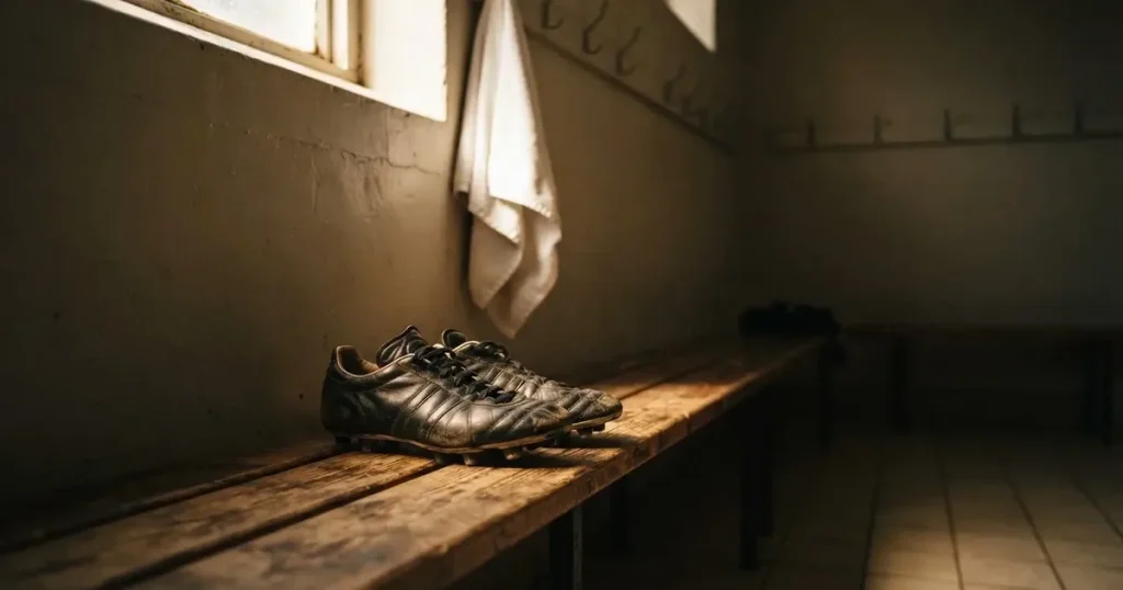 Ein Paar Fussballschuhe steht auf einer Holzbank in einer leeren Umkleide, über der Bank hängt ein Handtuch.